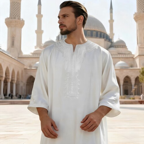 Kaftan Men Thobe Tunic大码舒适民族风宽松七分袖男绳绣袍子长衫