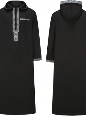 阿拉伯男士长袍刺绣连帽长袍迪拜袍子Muslim Moroccan Men Thobe