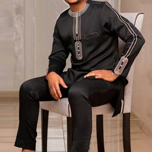 阿拉伯民族风刺绣男士套装长袖两件套传统服饰黑色African Outfit