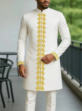 非洲男士传统刺绣两件套立领长袖民族服装礼服套装Kaunda Suits