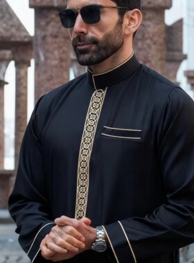 Muslim Thobe Gown迪拜阿拉伯长袍男刺绣立领礼拜服中东男袍衬衫
