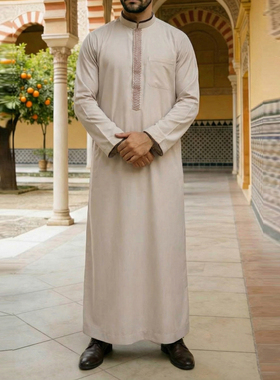 迪拜男士长袍绣花民族服装宽松阿拉伯民族服装回族礼拜服男装袍子
