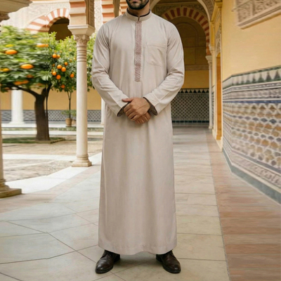 男士绣花宽松阿拉伯长袍立领衬衫