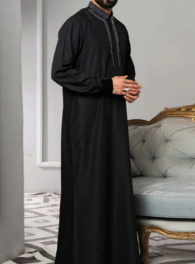 迪拜沙特阿拉伯黑袍穆斯林立领宽松长袖长款长袍Muslim Arab Robe