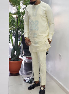 非洲风男士传统刺绣套装长袖衬衫长裤两件套优雅民族风Kaftan Set