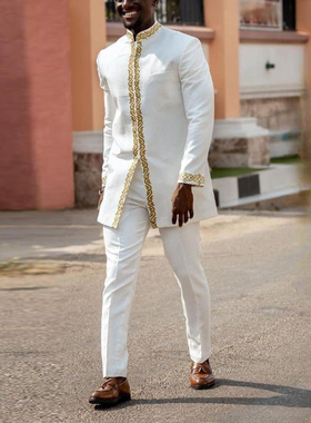 男士非洲传统刺绣套装立领两件套奢华礼服阿拉伯巴服Kuanda Suits