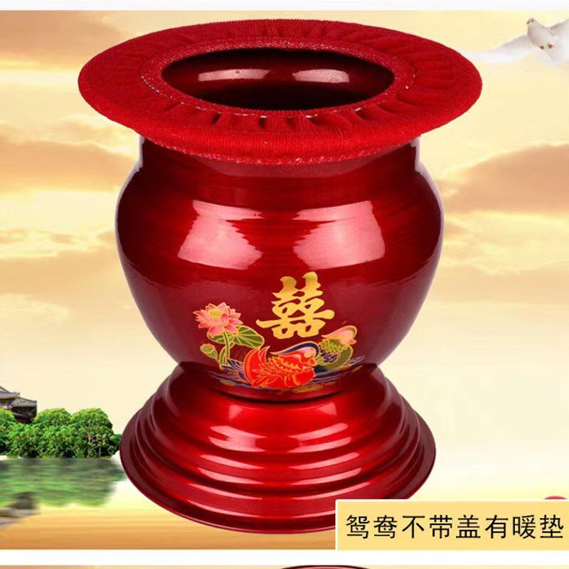 婚庆用品铁痰盂子孙桶红色脚痰盂红色搪瓷带盖夜壶尿壶结婚陪嫁