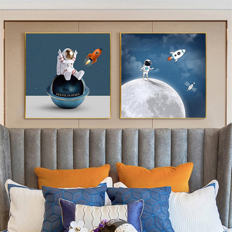 卧室装饰画现代简约儿童房挂画太空宇航员男孩房间床头墙面组合画图片