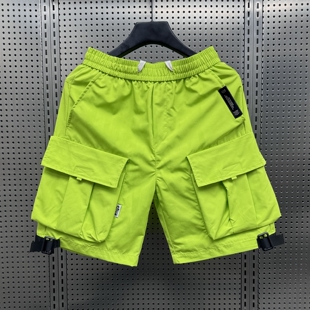 多色荧光炫彩情侣短裤 潮牌多口袋直筒五分裤 男工装 衩美式 大裤 夏季