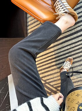 王炸裤型~!黑灰色加绒四面弹直筒裤女小个子秋冬九分法棍牛仔裤