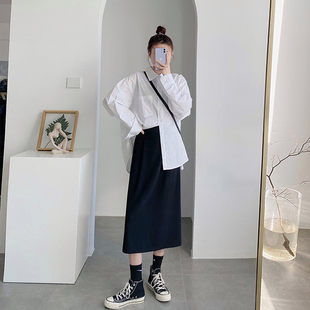 西装 高腰显瘦大码 开叉包臀a字裙子 女秋2021新款 黑色半身裙中长款
