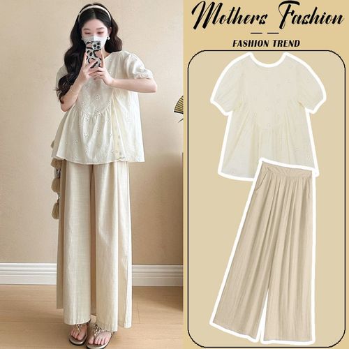 孕妇套装夏季时尚休闲2025新款杏色宽松遮肚减龄上衣裤子两件套女