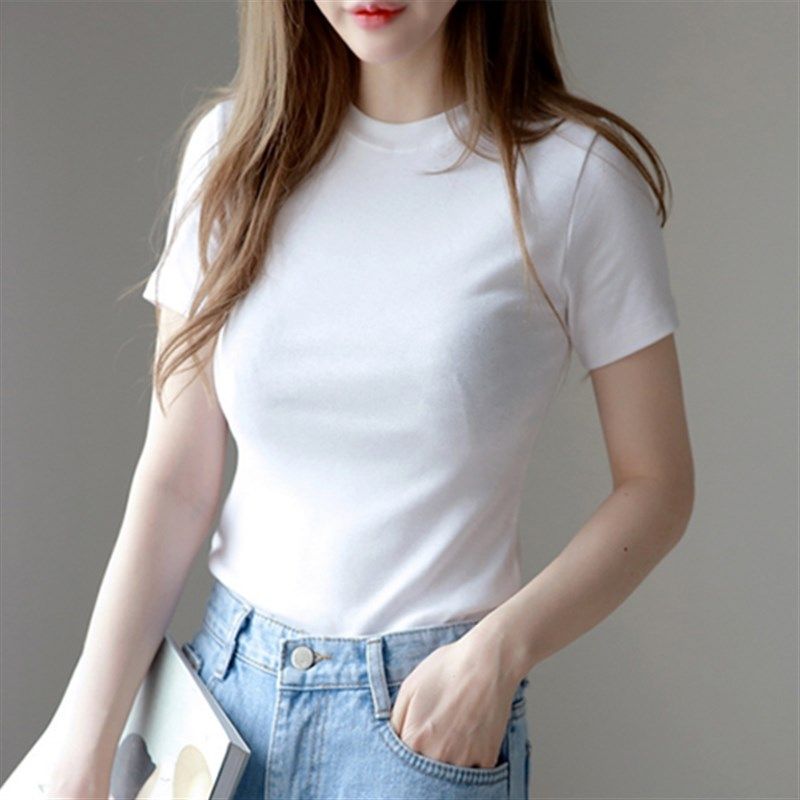纯白色小圆领短袖t恤女夏季纯棉韩版修身显瘦打底衫学生紧身上衣