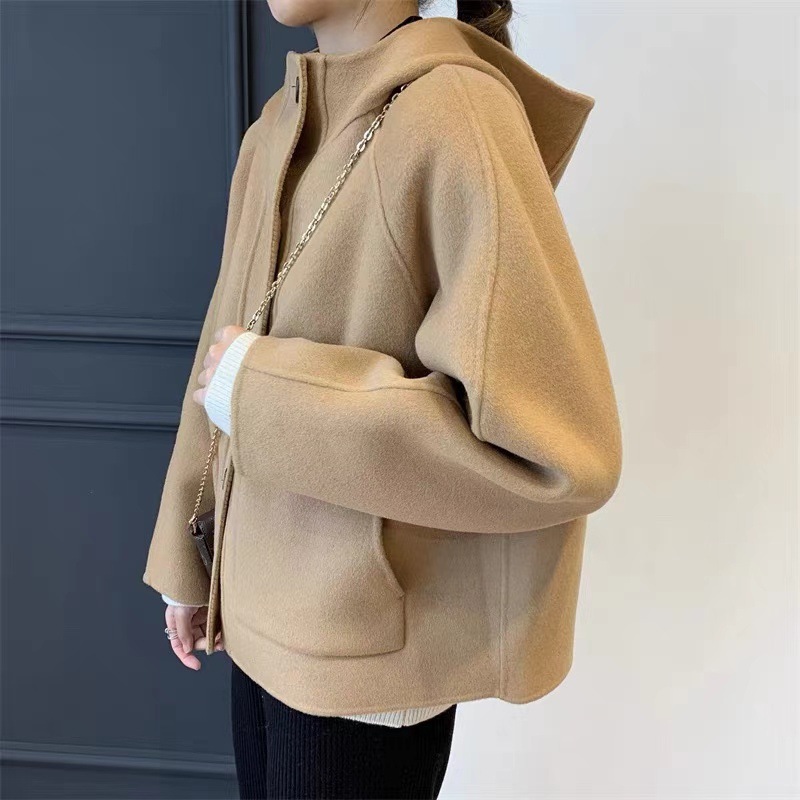 福利！巨显白！手工双面羊毛呢休闲单排扣连帽短大衣呢外套冬