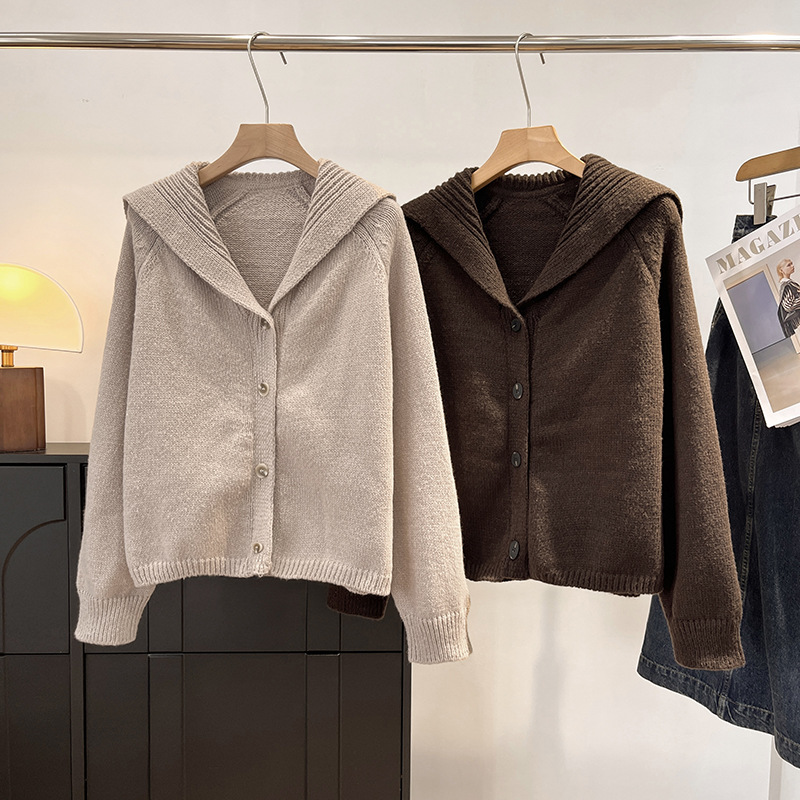 北欧小众C990+ ！大翻领海军风宽松插肩袖针织毛衣开衫上衣女秋冬