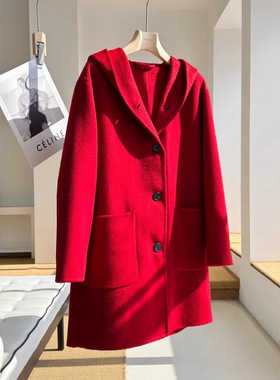 禾7900+！[Air Coat]新年战袍高支高密进口澳毛红色双面呢大衣女