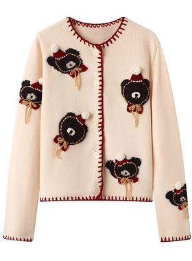 柜2100+！2025秋冬新款立体小熊红色包边毛织开衫针织衫毛衣外套