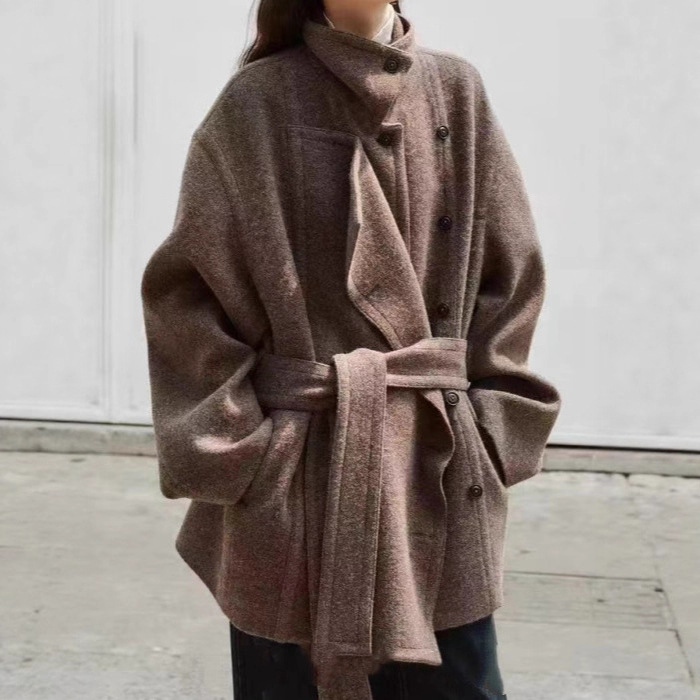 柜2W+！2025秋冬新款双层宽门襟建筑廓形防风腰带毛呢外套大衣女