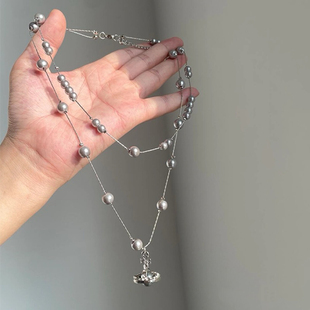 法式清冷感双层灰色珍珠流苏项链女宫廷风微镶星球毛衣链小众配饰