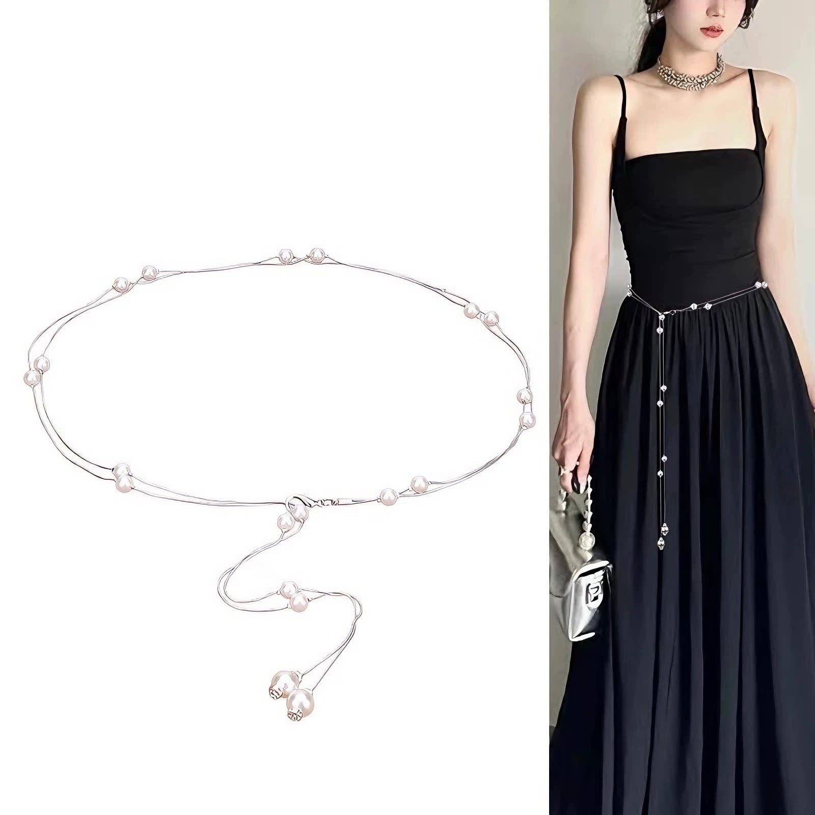 珍珠腰链腰带女配裙子夏季连衣裙百搭项链腰带装饰两用锁骨链配饰