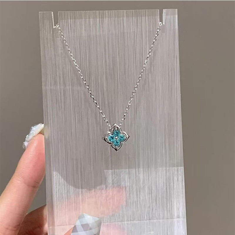 轻奢蓝色锆石闪钻四叶花朵项链女高级感小众设计时尚颈链精致饰品