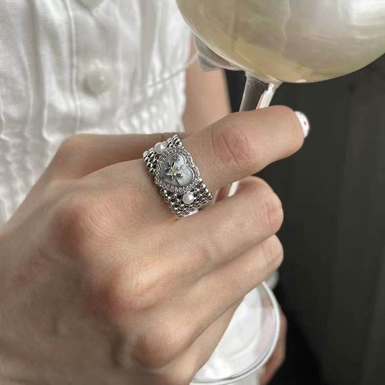 爱心宽版简约珍珠六芒星个性开口可调节食指戒指女高级感设计戒指