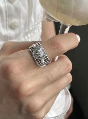 爱心宽版简约珍珠六芒星个性开口可调节食指戒指女高级感设计戒指