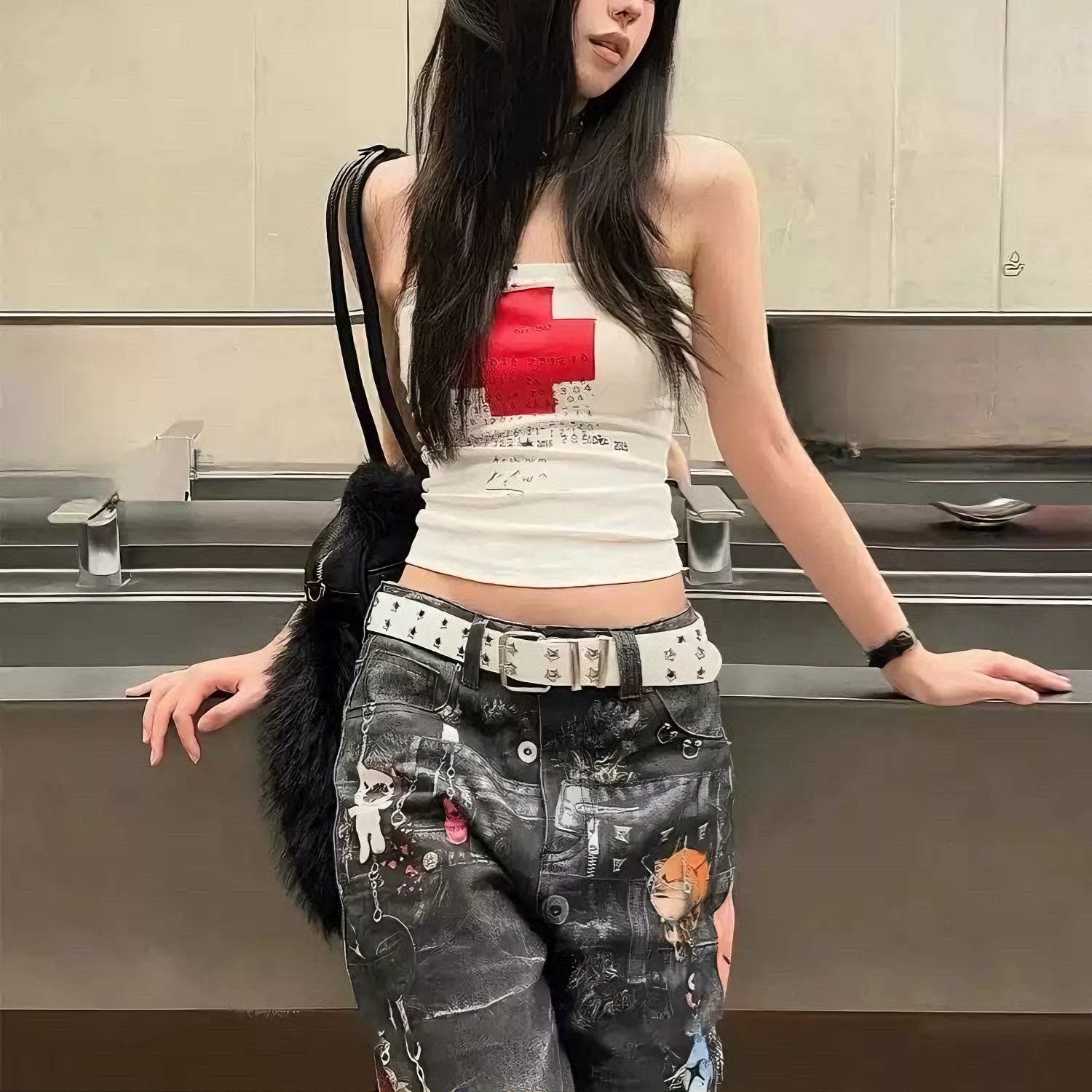 朋克双排星星镂空铆钉双排皮带90辣妹腰带辣妹百搭多巴胺穿搭皮带