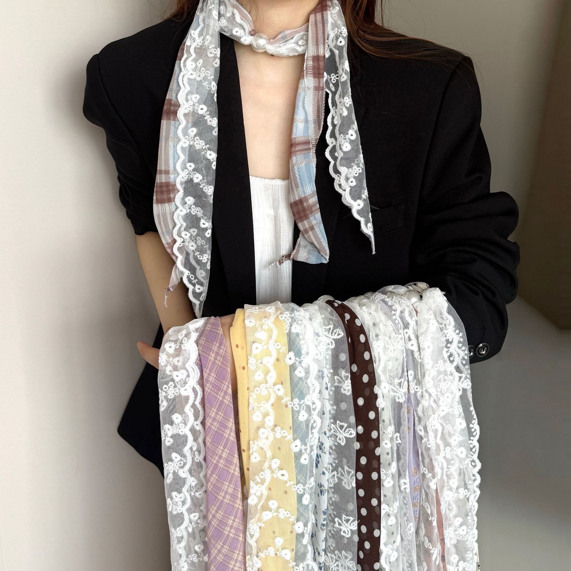 韩国波点蕾丝拼接丝巾女款春夏高级感领巾搭配多功能腰带发带配饰