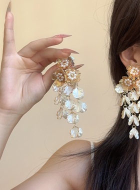 新中式金色夸张流苏珍珠花朵耳环女款夸张高级感精致长款耳坠耳饰