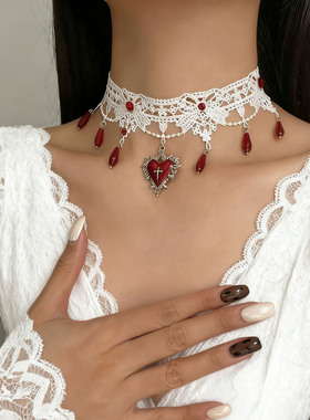 暗黑风蕾丝滴油爱心吊坠项链女潮