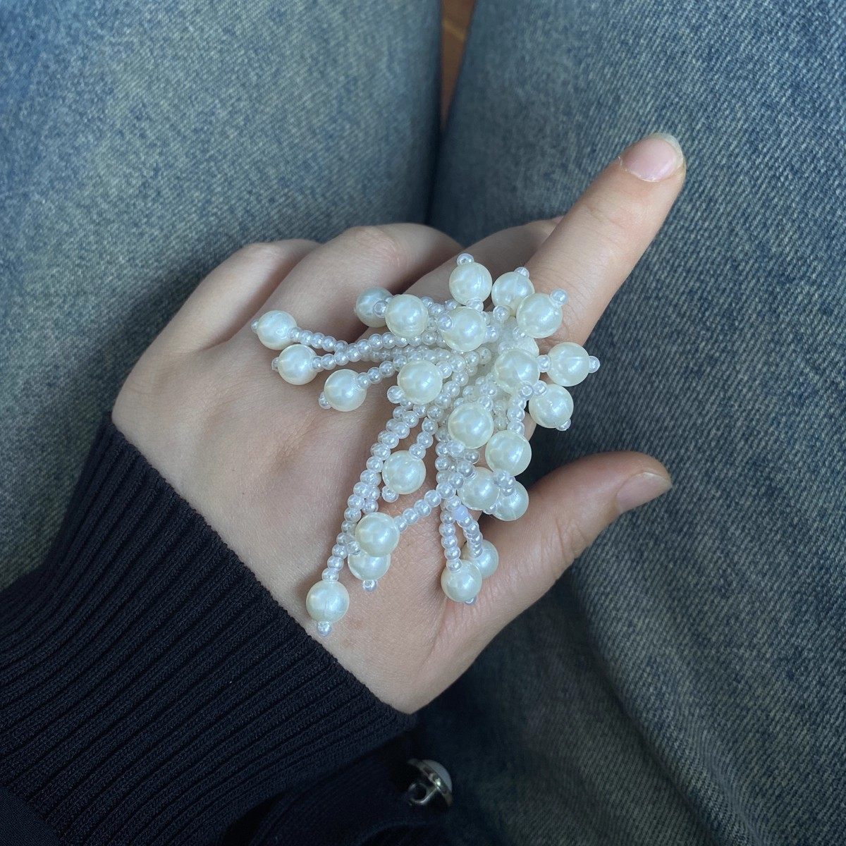轻奢立体珍珠串珠花朵流苏戒指女