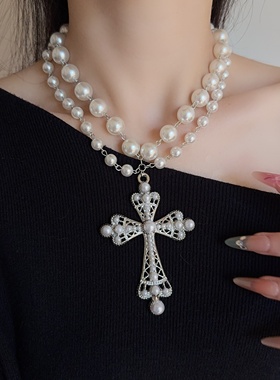 欧美时尚双层珍珠串珠十字架项链