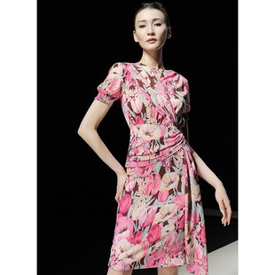 连衣裙 雪纺印花女装 2025夏法式 轻薄桑花绉设计感不对称飘带泡泡袖