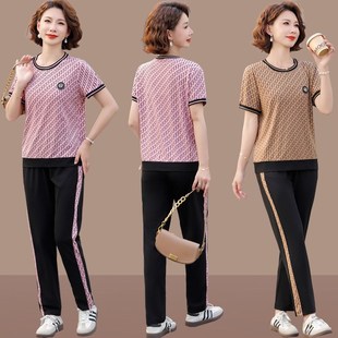 新款 短袖 运动套装 夏装 上衣 女士圆领休闲两件套夏中年女装 妈妈夏季