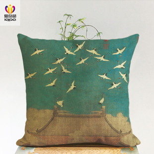 瑞鹤图中式抱枕中国风沙发红木家具茶楼倚靠客厅靠垫亚麻飘窗靠枕