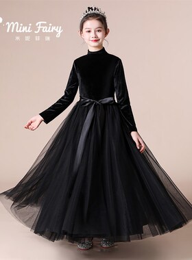 女童黑色秋冬丝绒耶诞晚礼服元旦乐团比赛演出服洋派钢琴演奏礼服