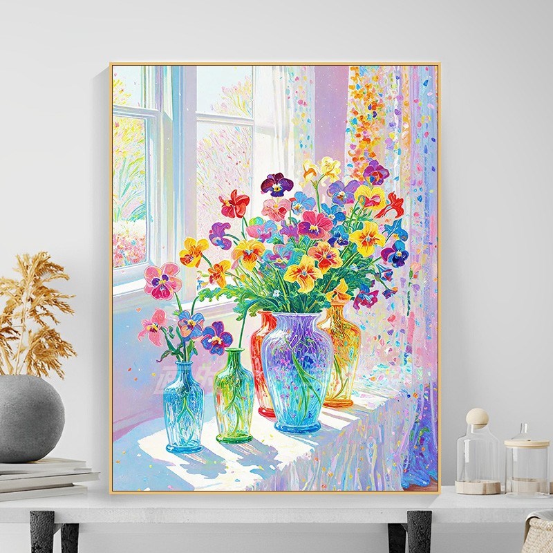 窗台上的花卉diy数字油画手工填充填I色油彩画丙烯卧室装饰画高级图片