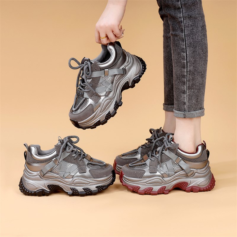 春季厚底老爹鞋女2025新款百搭时尚防滑轻便舒适增高系带单运动鞋