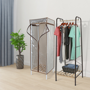简易实木防尘衣帽架家用铁艺整理衣架卧室衣服收纳架子落地挂衣架