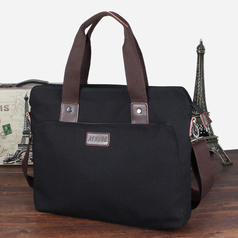 男士手提包休闲电脑包单肩斜挎包复古帆布包公文包男横款商务男包