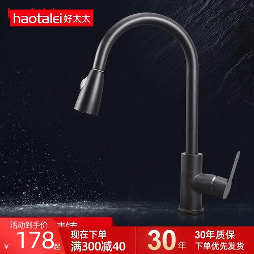 德国厨房水龙头冷热抽拉式洗菜盆万向龙头304不锈钢黑色