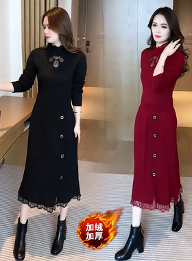 加绒针织连衣裙女冬季2025新款中长款设计感镂空长袖包臀直筒裙子