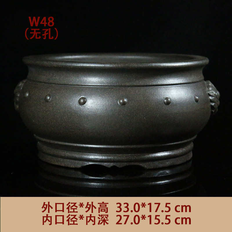 鼓觅孔鱼缸丁乡盆宜兴花盆盆w无孔水缸全手工盆景仿古陶大号有紫