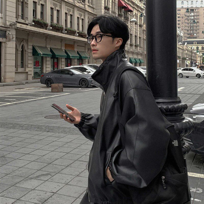 春秋款机车立领皮衣外套男夹克美式高街皮夹克复古黑色PU韩版潮牌