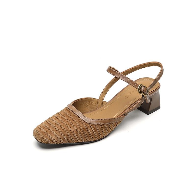 2025夏新款包头粗跟真皮后空单鞋仙女中跟覆古法式包头凉鞋配裙子