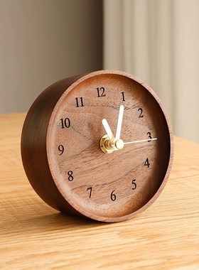 爆品厂促桌面小台钟黑胡桃实木床头台式小型钟表家用简约大方