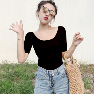 七分袖 纯棉大领口黑色中袖 打底衫 低胸u领紧身五分袖 上衣 t恤女修身