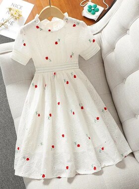 女童连衣裙夏季纯棉短袖韩版新款白色裙子女孩收腰蕾丝洋气公主裙