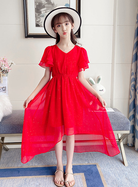 女童短袖雪纺连衣裙夏季新款儿童洋气红色公主裙女孩过膝长裙子潮